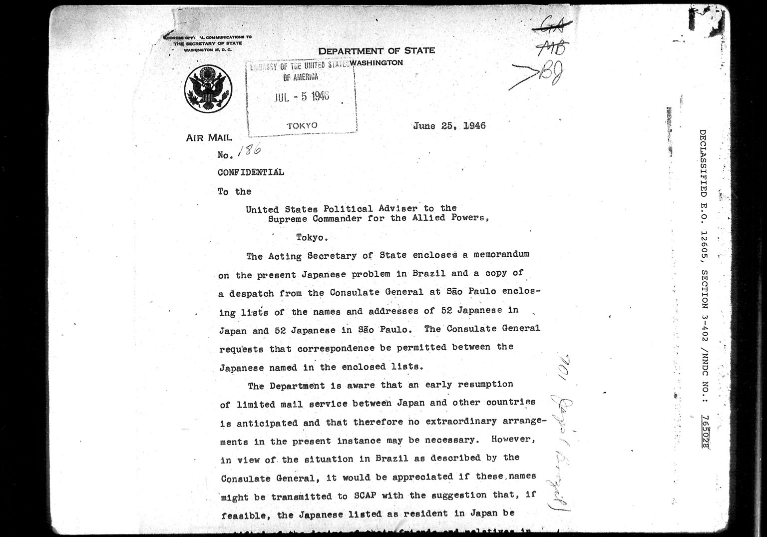 Image “U.S. Department of State document to the GHQ/SCAP Diplomatic Section requesting relatives and friends residing in Japan of influential Japanese immigrants to send letters to them”