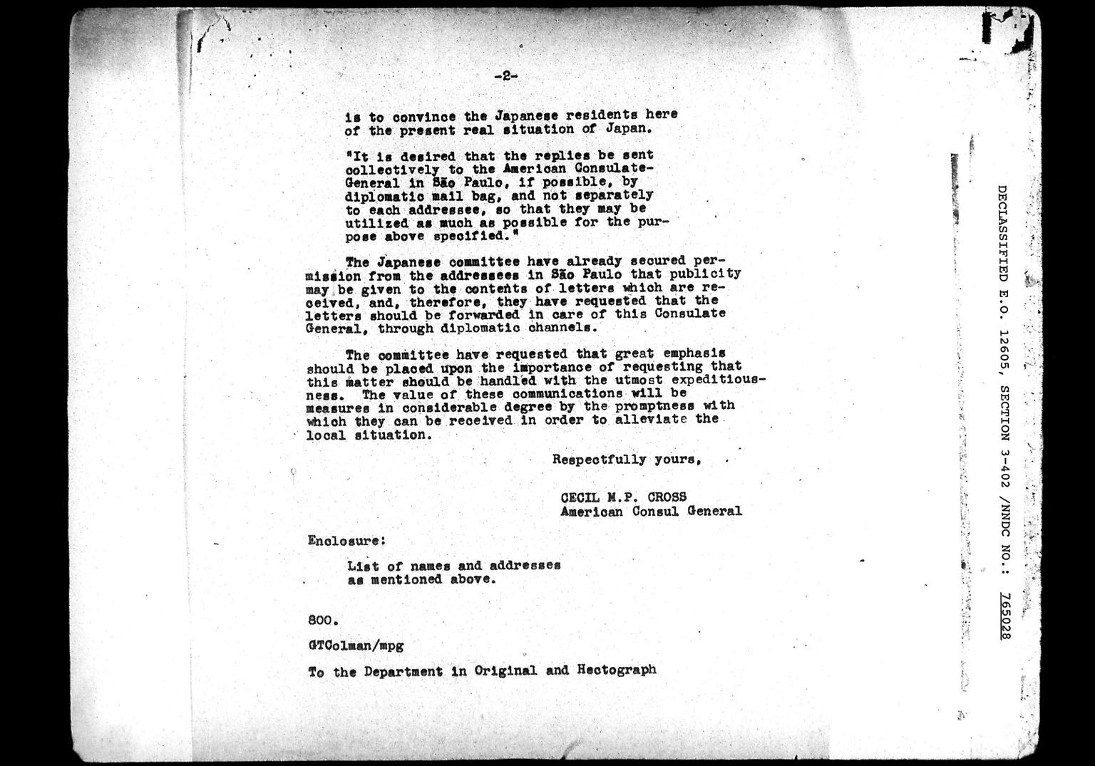 Image “U.S. Department of State document to the GHQ/SCAP Diplomatic Section requesting relatives and friends residing in Japan of influential Japanese immigrants to send letters to them”