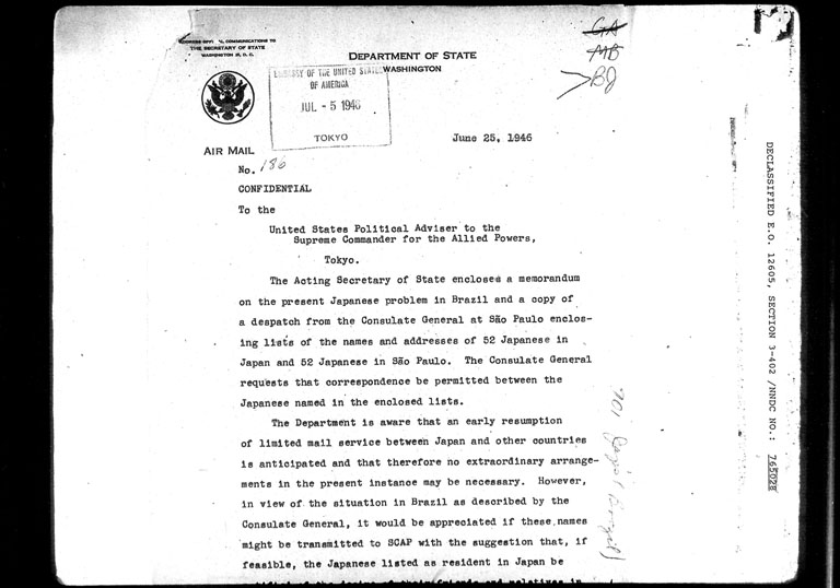 Image “U.S. Department of State document to the GHQ/SCAP Diplomatic Section requesting relatives and friends residing in Japan of influential Japanese immigrants to send letters to them”