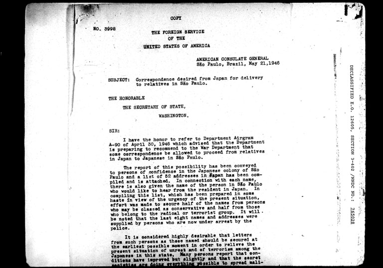 Image “U.S. Department of State document to the GHQ/SCAP Diplomatic Section requesting relatives and friends residing in Japan of influential Japanese immigrants to send letters to them”