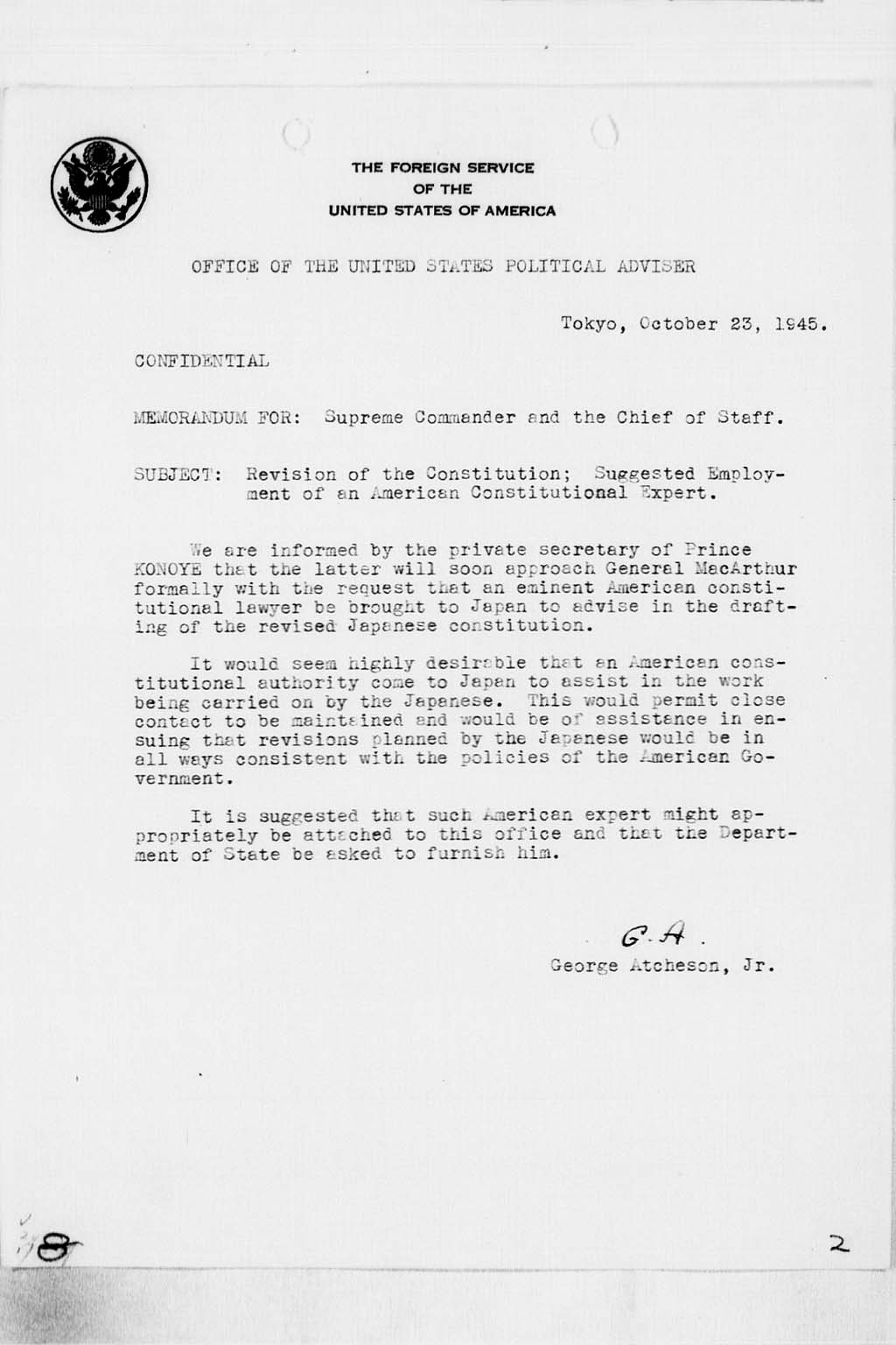 [Memorandum for: Supreme Commander and the Chief of Staff. Subject: Revision of the Constitution; Suggested Employment of an American Constitutional Expert.](Larger image)