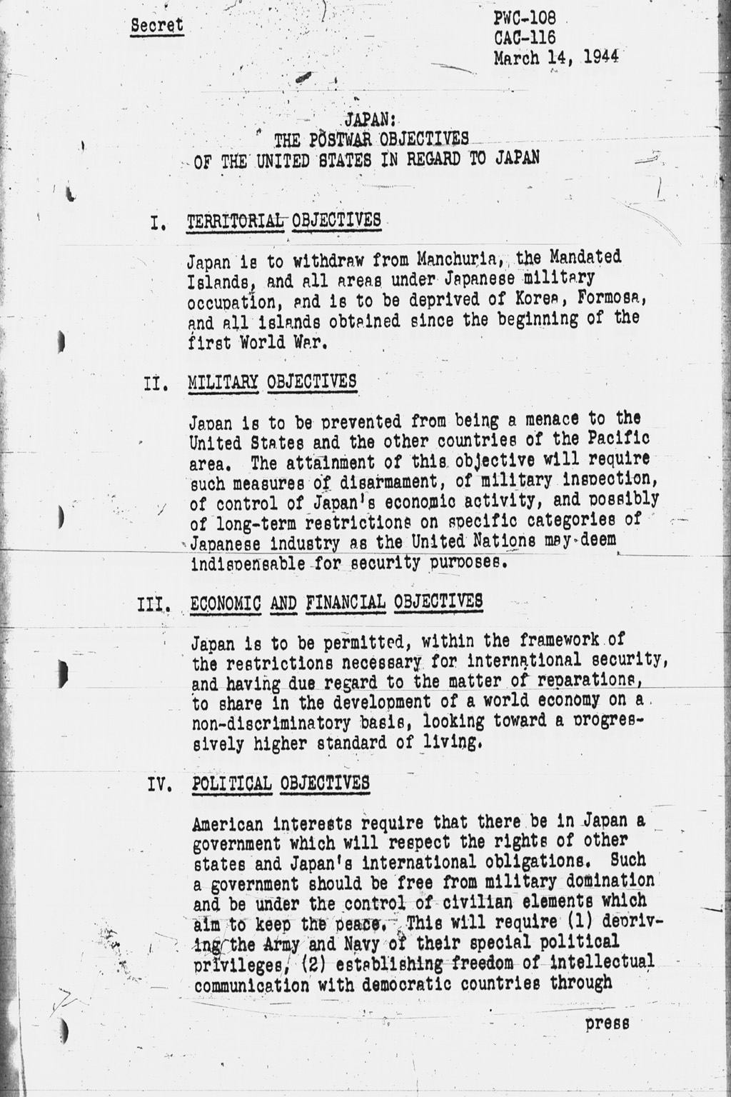 『Japan: The Postwar Objectives of the United States in regard to Japan (PWC108, CAC116)』(拡大画像)