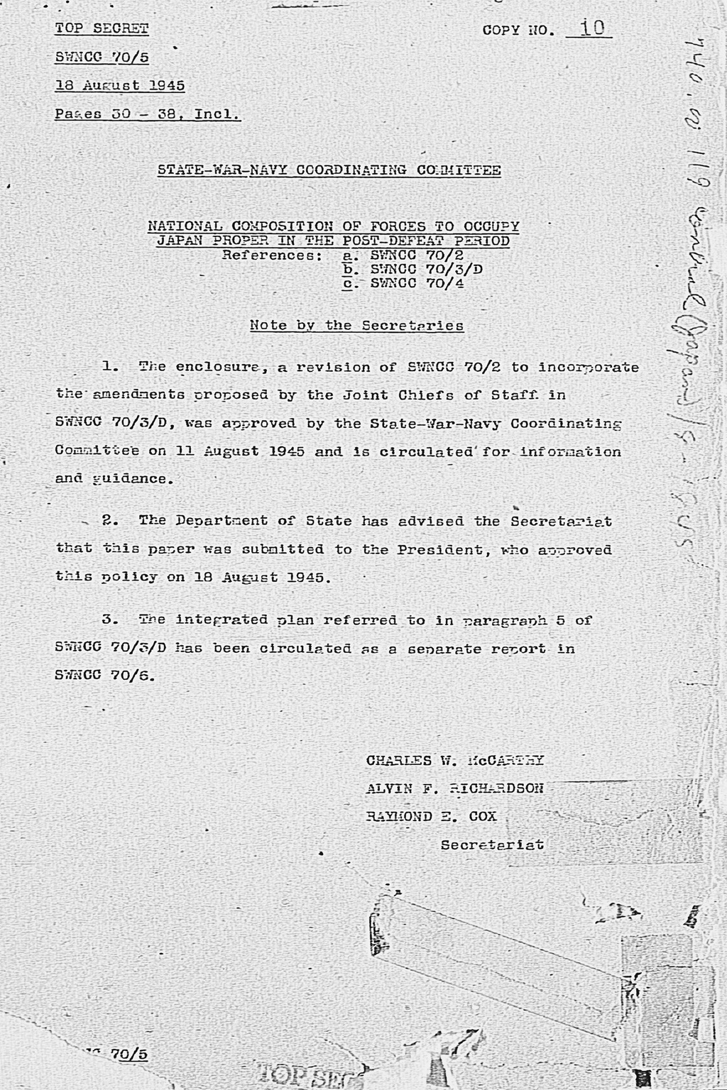 『Memorandum for the President, Subject: National Composition of Forces to Occupy Japan Proper to the Post-Defeat Period』(拡大画像)