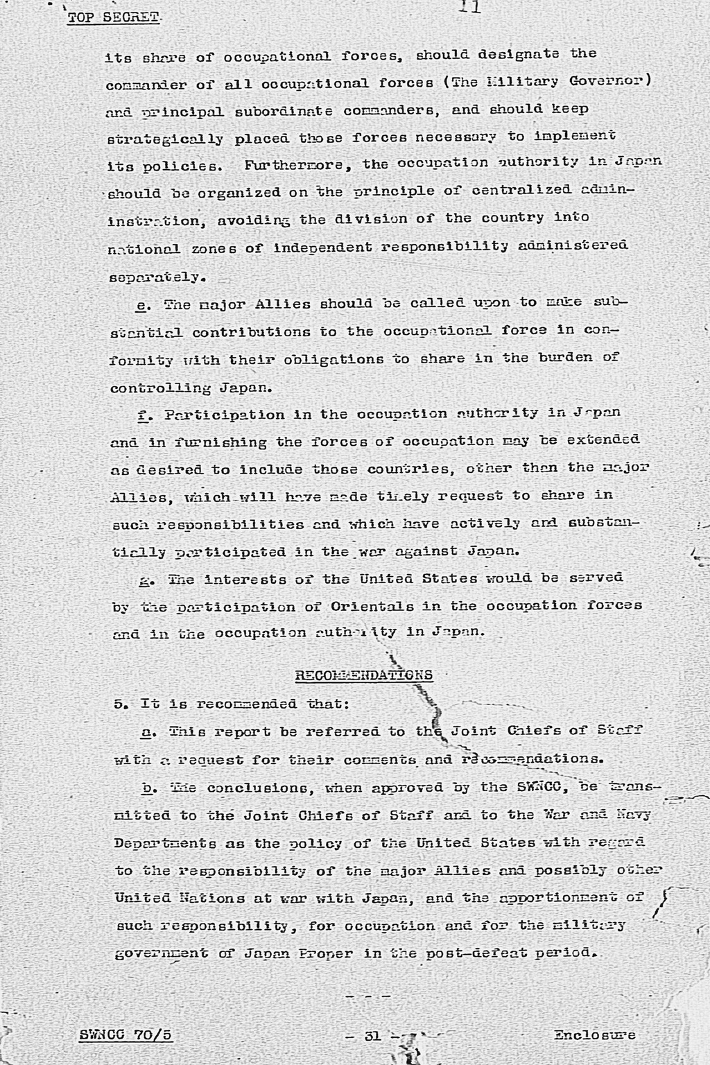 『Memorandum for the President, Subject: National Composition of Forces to Occupy Japan Proper to the Post-Defeat Period』(拡大画像)