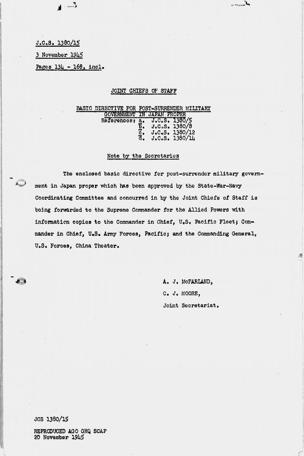 [Basic Initial Post Surrender Directive to Supreme Commander for the Allied Powers for the Occupation and Control of Japan (JCS1380/15)](Larger image)