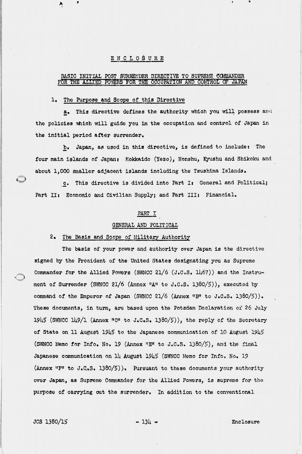 [Basic Initial Post Surrender Directive to Supreme Commander for the Allied Powers for the Occupation and Control of Japan (JCS1380/15)](Larger image)