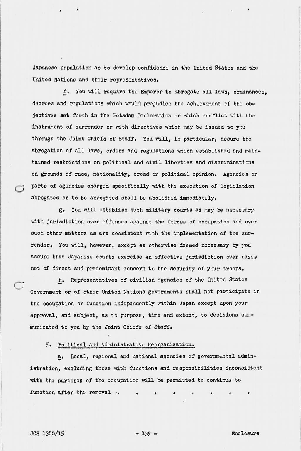 『Basic Initial Post Surrender Directive to Supreme Commander for the Allied Powers for the Occupation and Control of Japan (JCS1380/15)』(拡大画像)