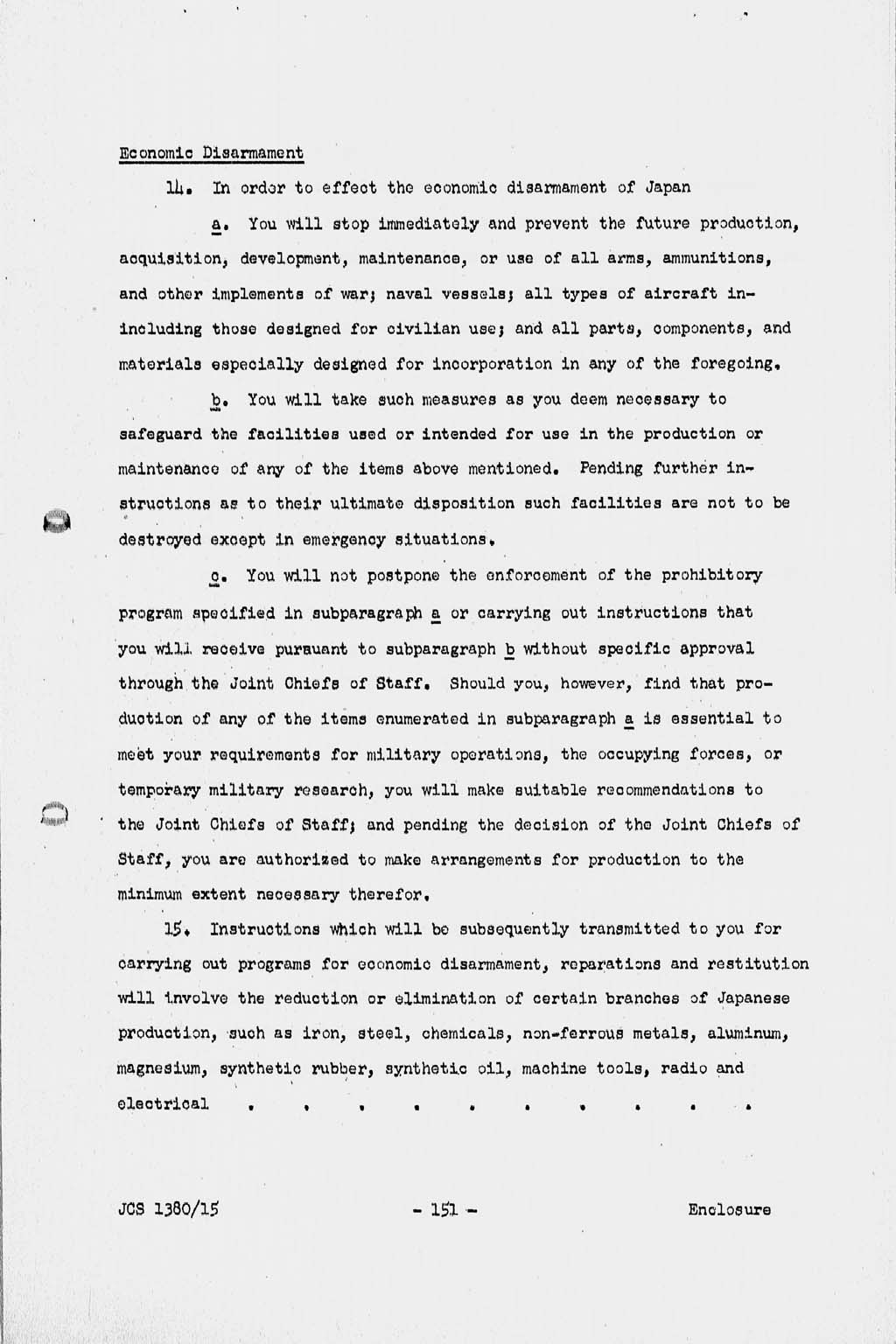 『Basic Initial Post Surrender Directive to Supreme Commander for the Allied Powers for the Occupation and Control of Japan (JCS1380/15)』(拡大画像)