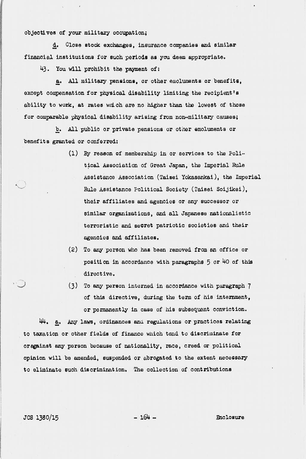 『Basic Initial Post Surrender Directive to Supreme Commander for the Allied Powers for the Occupation and Control of Japan (JCS1380/15)』(拡大画像)