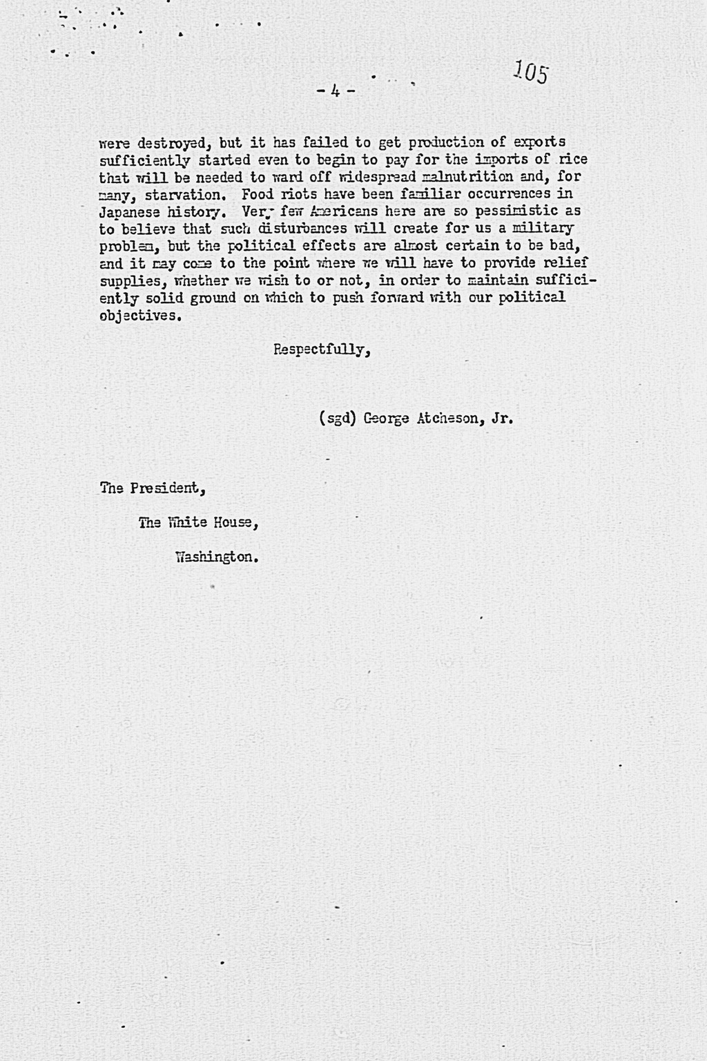 『Letter from George Atcheson, Jr. to the President dated November 5, 1945.』(拡大画像)