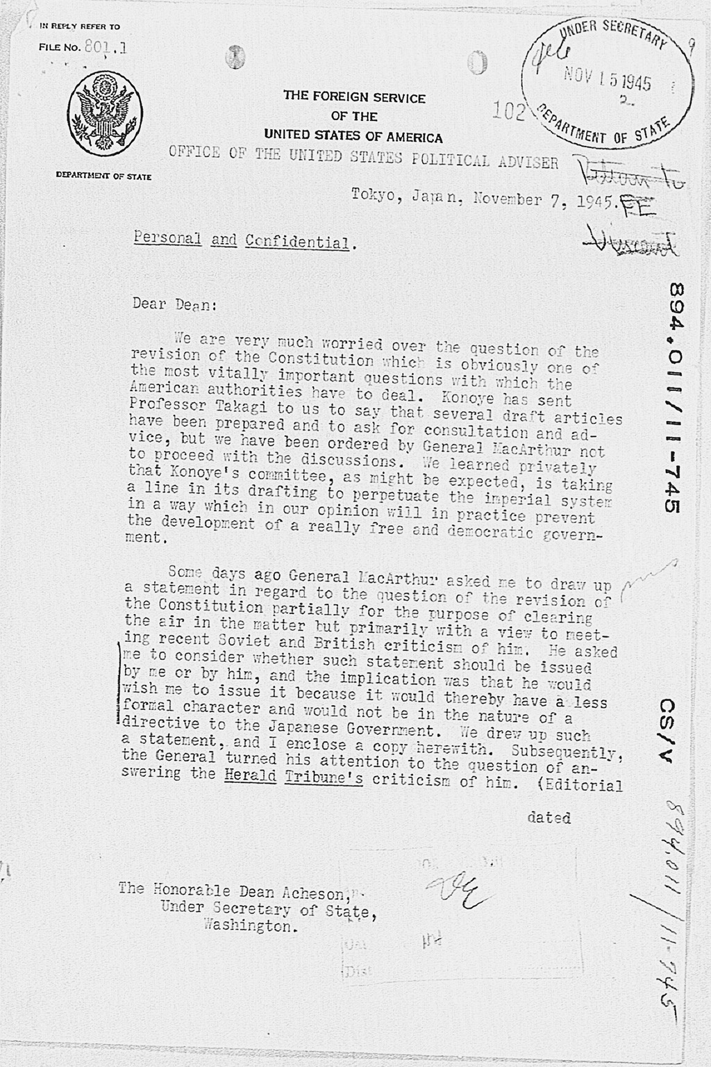 『Letter from George Atcheson Jr. to Dean Acheson, Under Secretary of State dated November 7, 1945.』(拡大画像)