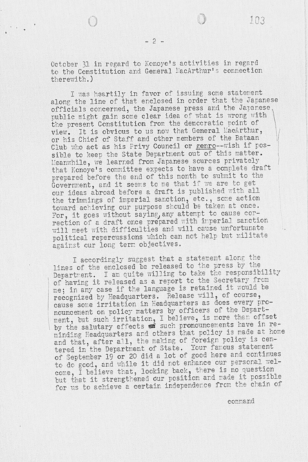 [Letter from George Atcheson, Jr. to Dean Acheson, Under Secretary of State dated November 7, 1945.](Larger image)