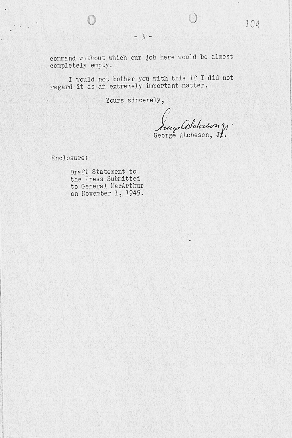 [Letter from George Atcheson, Jr. to Dean Acheson, Under Secretary of State dated November 7, 1945.](Larger image)