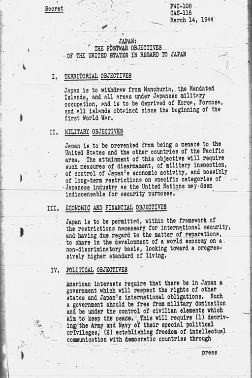 [Japan: The Postwar Objectives of the United States in regard to Japan (PWC108, CAC116)](Regular image)