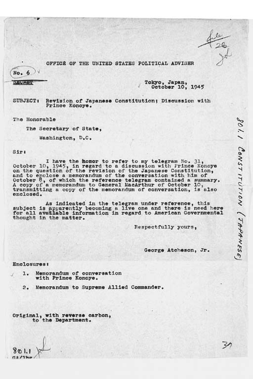 『George Atcheson, Jr. to the Secretary of State, Subject: Revision of Japanese Constitution; Discussion with Prince Konoye』(標準画像)