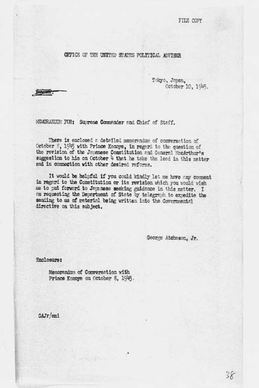 『George Atcheson, Jr. to the Secretary of State, Subject: Revision of Japanese Constitution; Discussion with Prince Konoye』(標準画像)