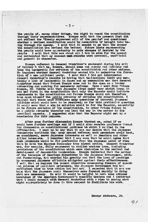 『George Atcheson, Jr. to the Secretary of State, Subject: Revision of Japanese Constitution; Discussion with Prince Konoye』(標準画像)