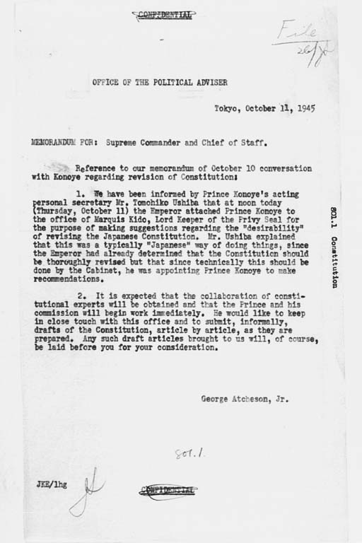 『George Atcheson, Jr. to the Secretary of State, Subject: Revision of Japanese Constitution; Discussion with Prince Konoye』(標準画像)