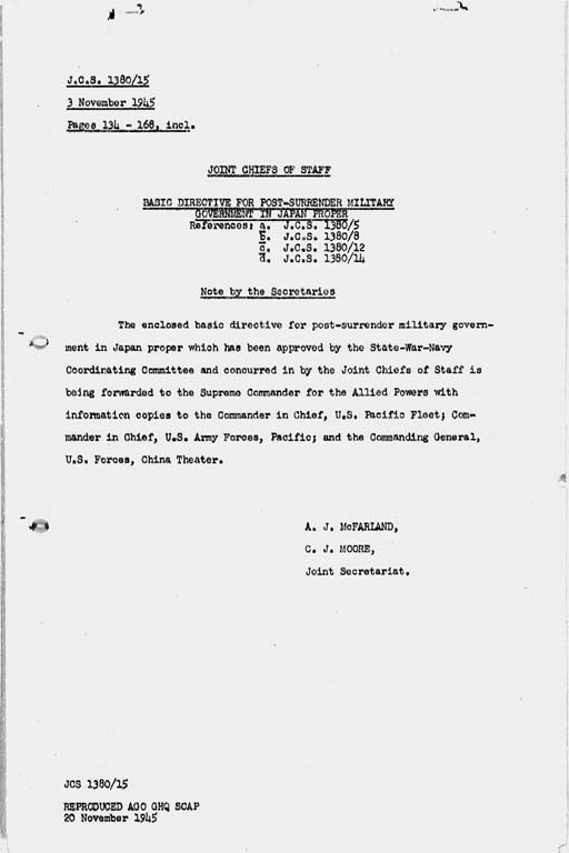 [Basic Initial Post Surrender Directive to Supreme Commander for the Allied Powers for the Occupation and Control of Japan (JCS1380/15)](Regular image)