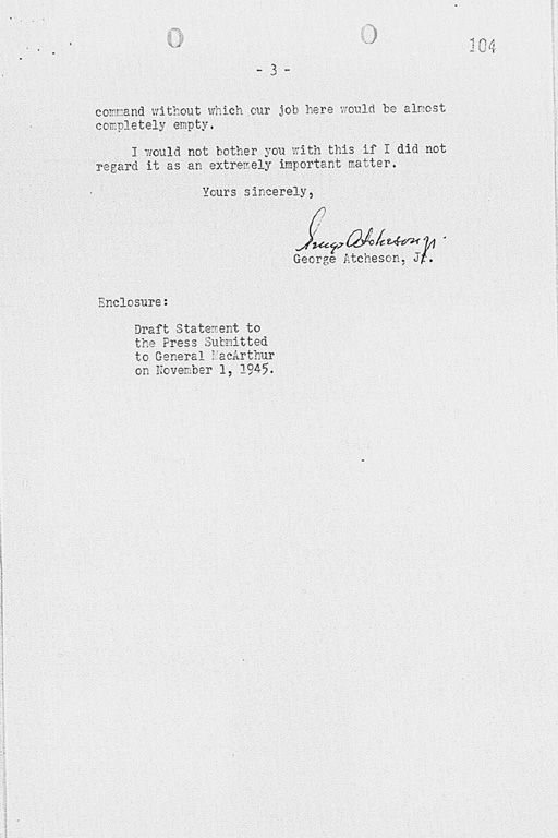 [Letter from George Atcheson, Jr. to Dean Acheson, Under Secretary of State dated November 7, 1945.](Regular image)