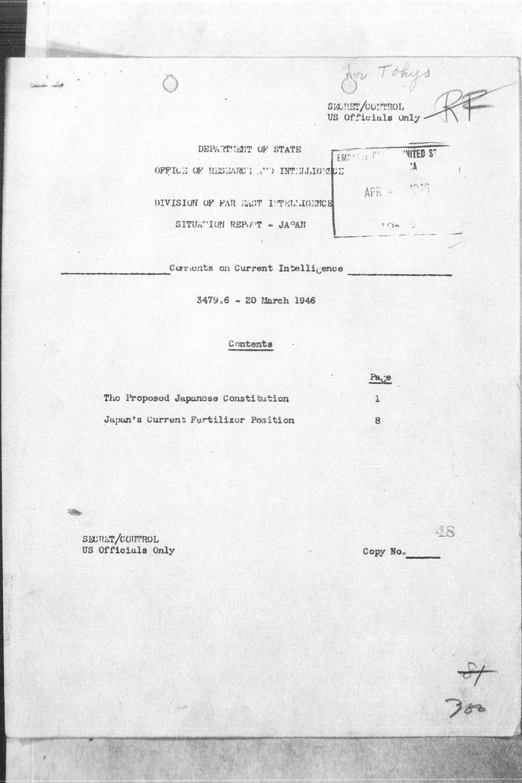 [Check Sheet, From: Govt Sect., Subject: Japanese Draft Constitution](Larger image)