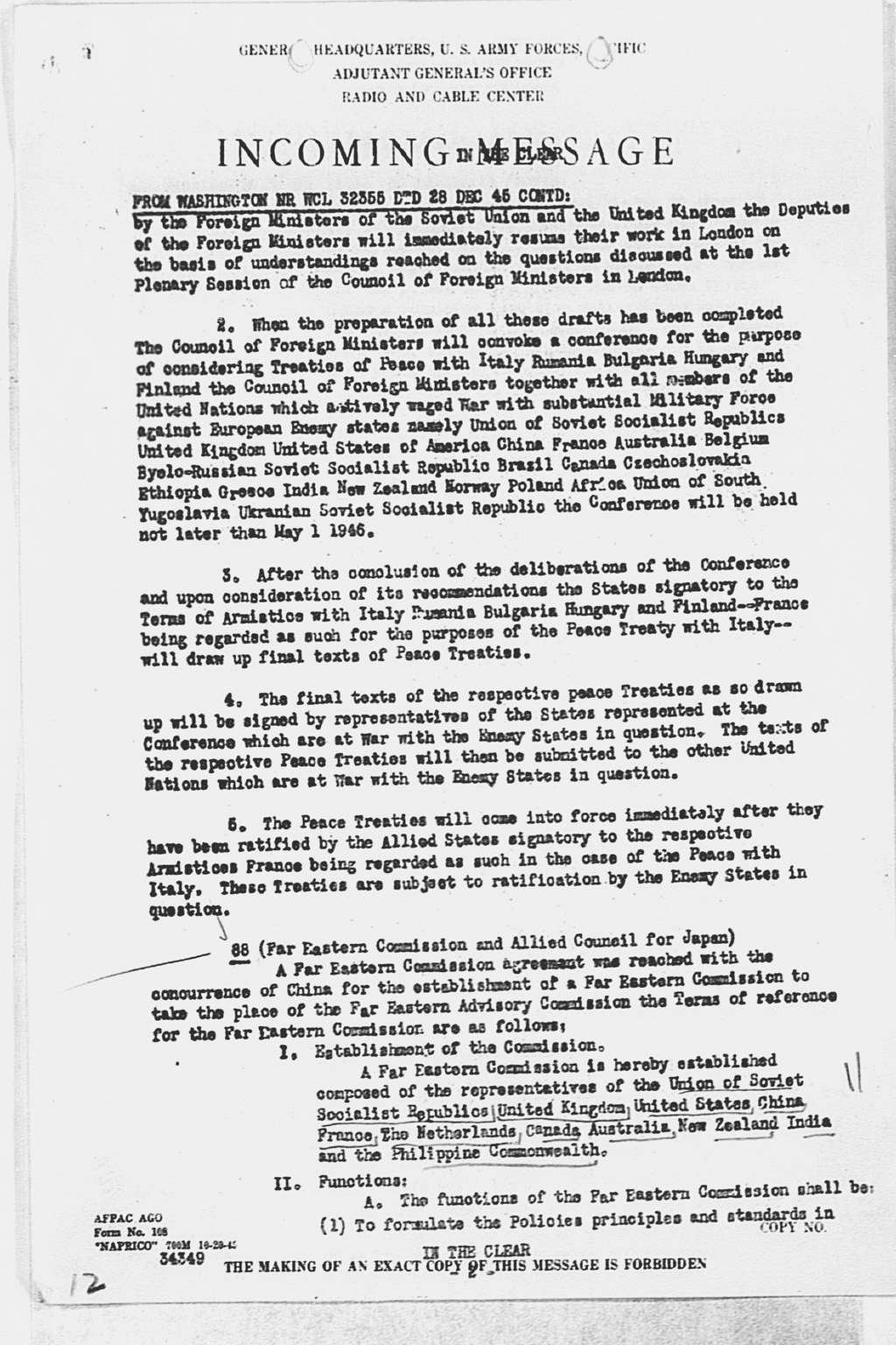 [Incoming Message to CINCAFPAC MacArthur from Washington (War), nr WCL 32355 Communique of Moscow Conference, December 27, 1945](Larger image)