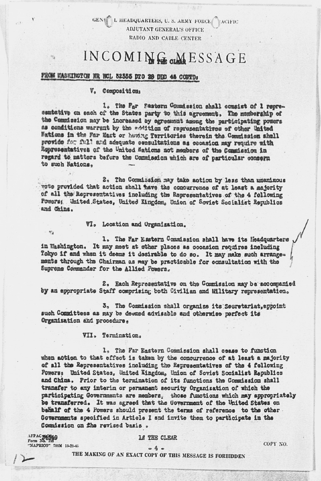 [Incoming Message to CINCAFPAC MacArthur from Washington (War), nr WCL 32355 Communique of Moscow Conference, December 27, 1945](Larger image)