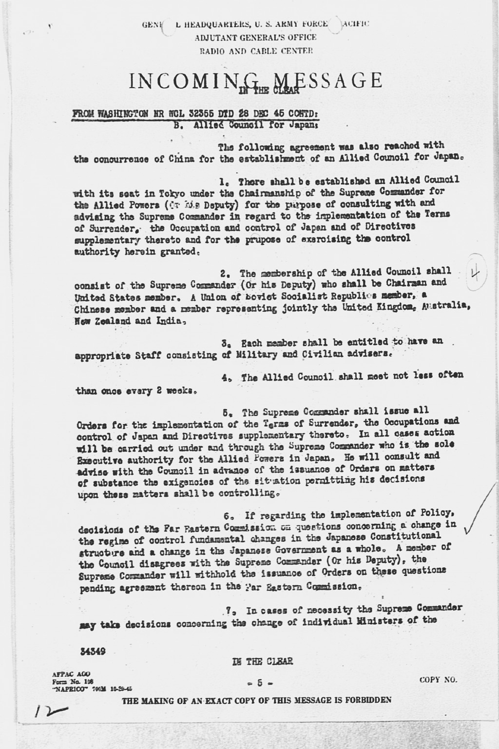 [Incoming Message to CINCAFPAC MacArthur from Washington (War), nr WCL 32355 Communique of Moscow Conference, December 27, 1945](Larger image)