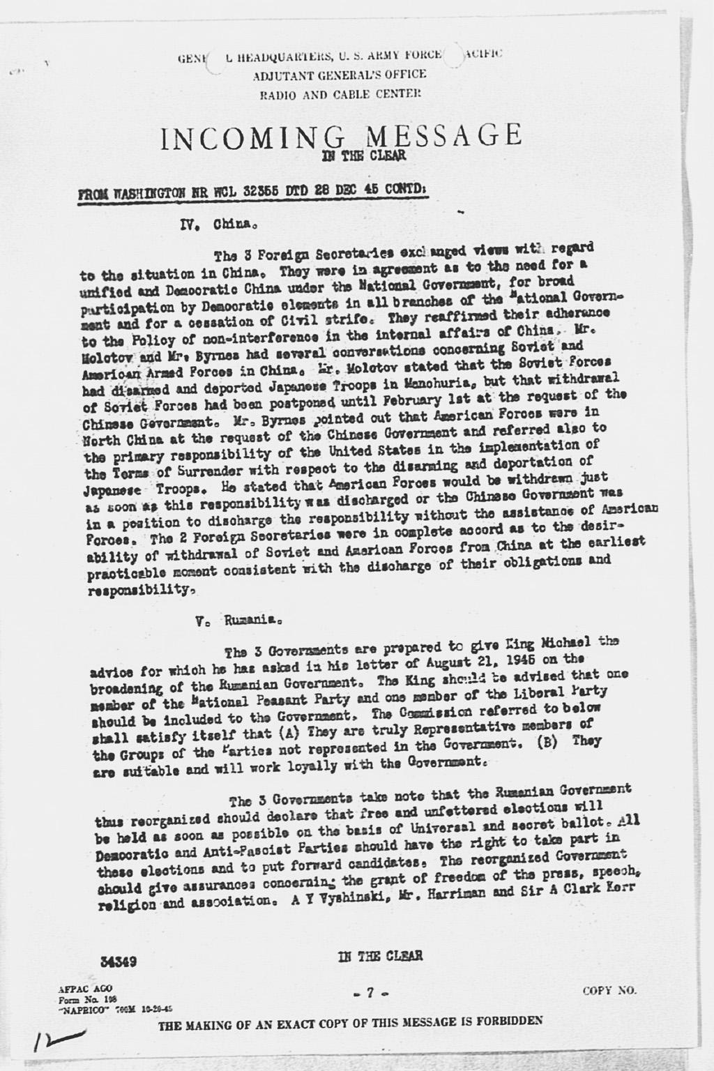 [Incoming Message to CINCAFPAC MacArthur from Washington (War), nr WCL 32355 Communique of Moscow Conference, December 27, 1945](Larger image)