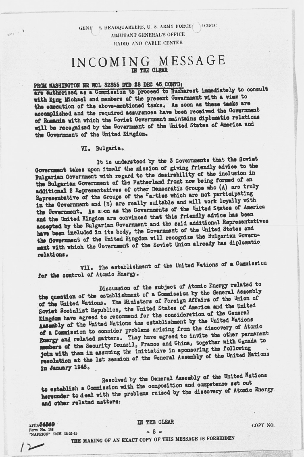 [Incoming Message to CINCAFPAC MacArthur from Washington (War), nr WCL 32355 Communique of Moscow Conference, December 27, 1945](Larger image)