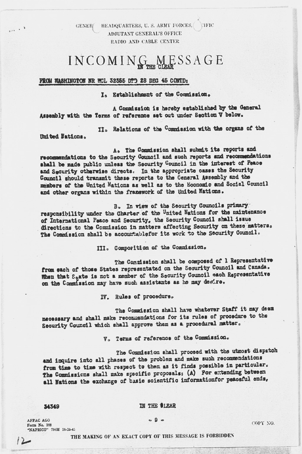 [Incoming Message to CINCAFPAC MacArthur from Washington (War), nr WCL 32355 Communique of Moscow Conference, December 27, 1945](Larger image)