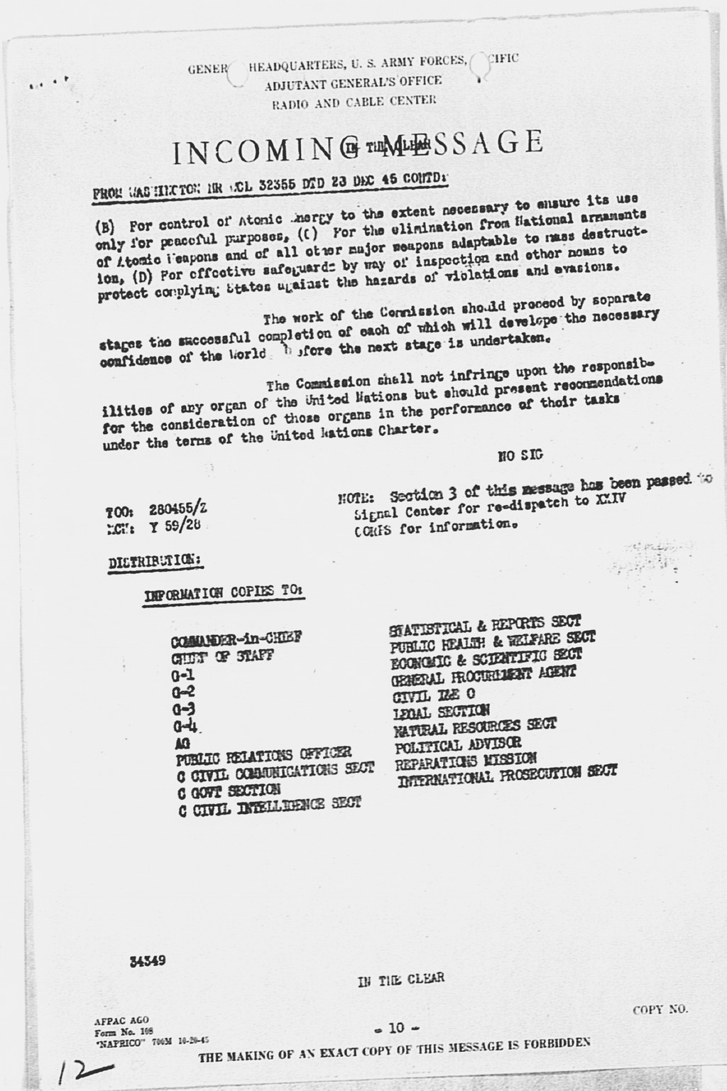 [Incoming Message to CINCAFPAC MacArthur from Washington (War), nr WCL 32355 Communique of Moscow Conference, December 27, 1945](Larger image)