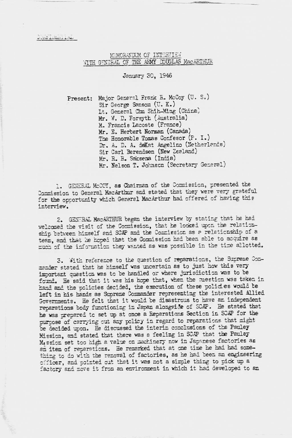 [Memorandum of Interview with General of the Army Douglas MacArthur Held on January 29, 1946](Larger image)