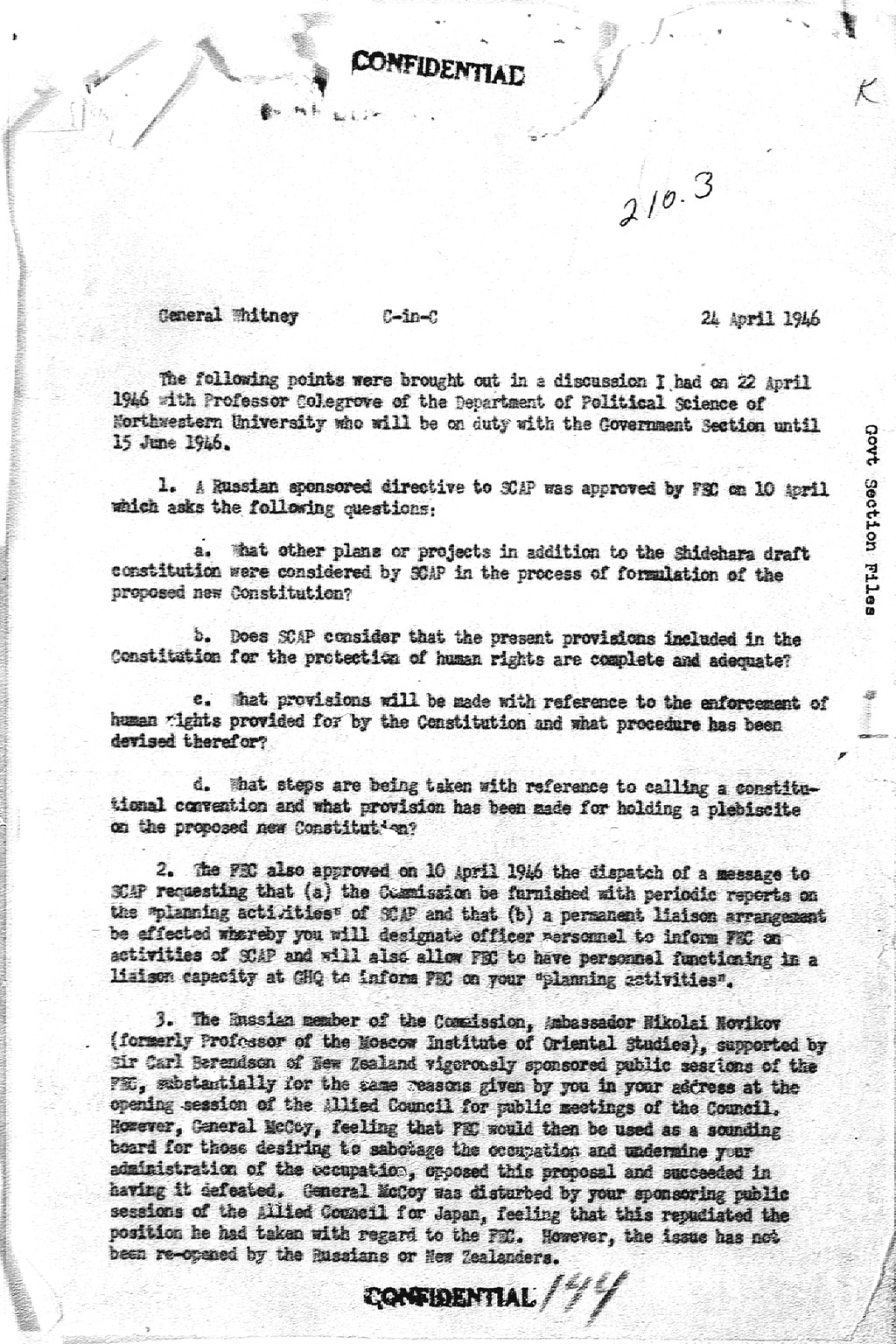 『General Whitney to C-in-C, dated 24 April 1946 re discussion on 22 April 1946 with Professor Colegrove』(拡大画像)