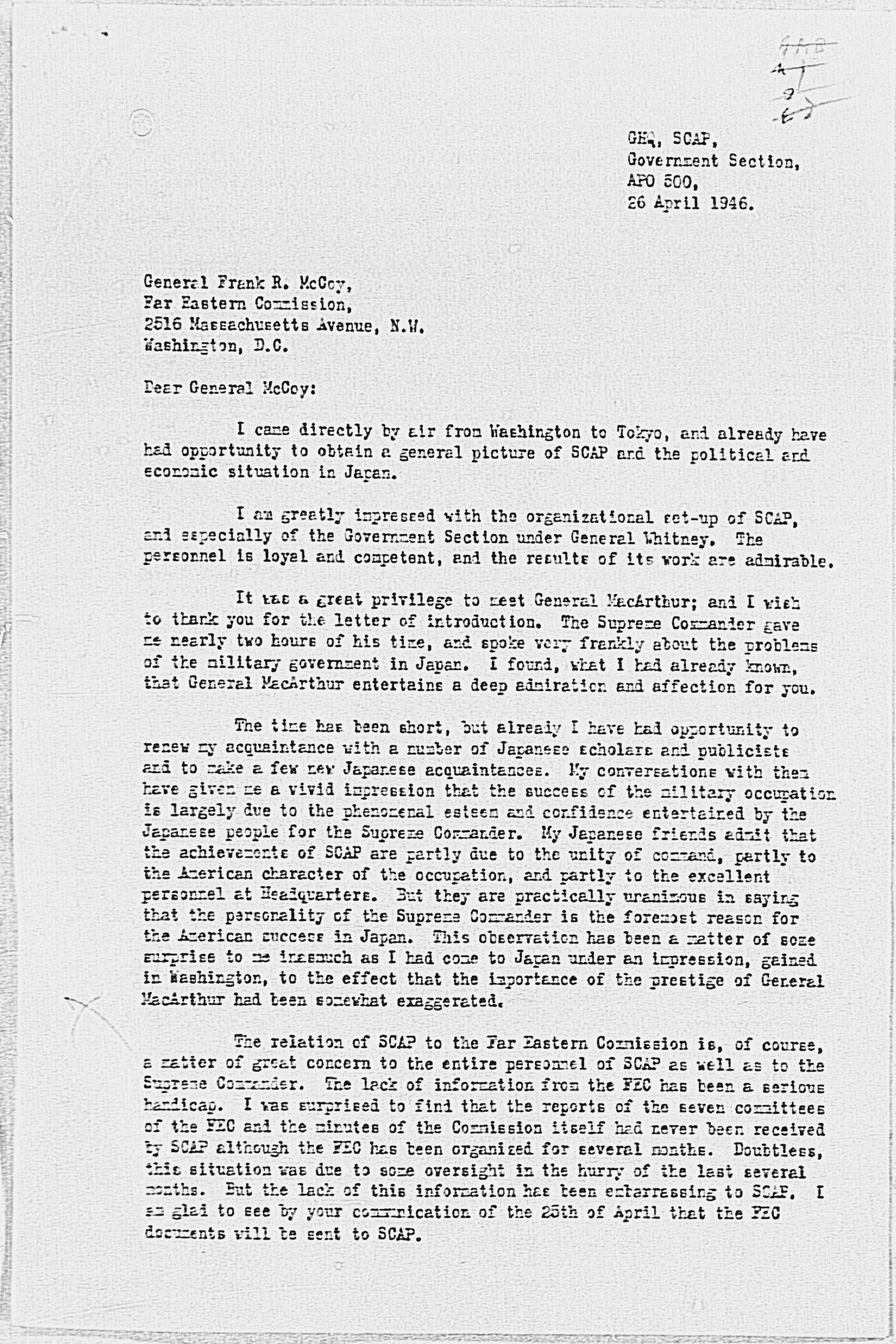 『Letter from Kenneth Colegrove to General Frank R. McCoy, dated 26 April 1946』(拡大画像)