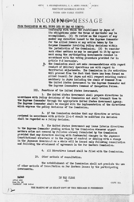 [Incoming Message to CINCAFPAC MacArthur from Washington (War), nr WCL 32355 Communique of Moscow Conference, December 27, 1945](Regular image)