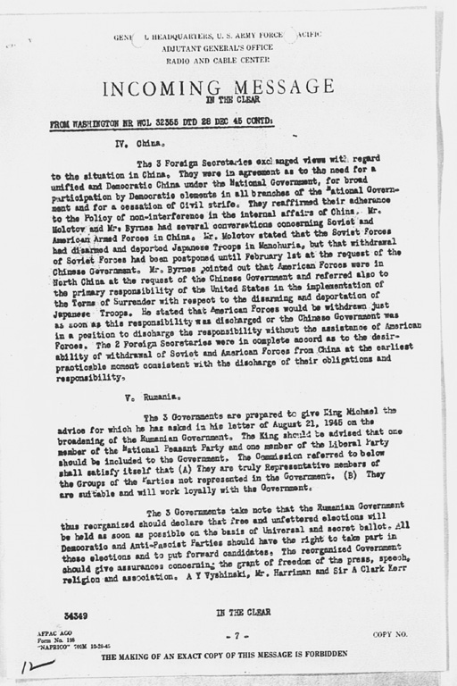 [Incoming Message to CINCAFPAC MacArthur from Washington (War), nr WCL 32355 Communique of Moscow Conference, December 27, 1945](Regular image)