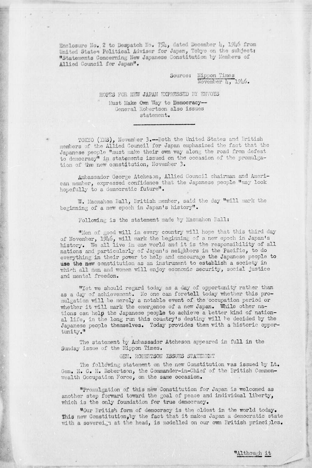 [Subject: Statements Concerning New Japanese Constitution by Members of Allied Council for Japan](Larger image)