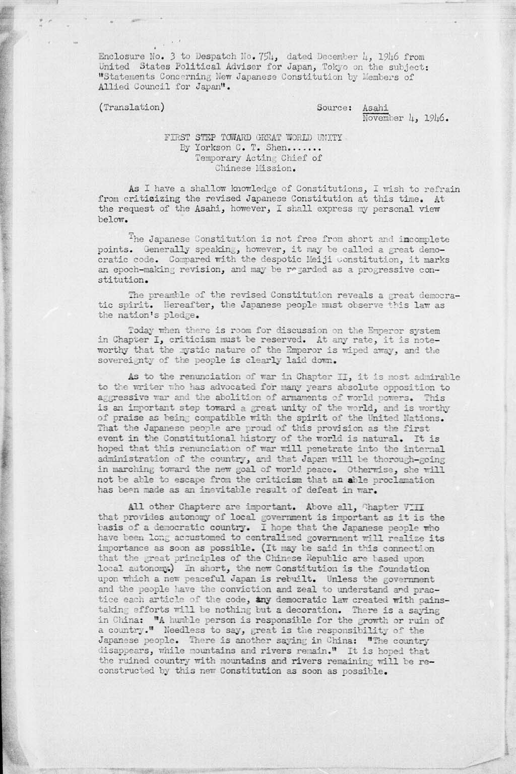 [Subject: Statements Concerning New Japanese Constitution by Members of Allied Council for Japan](Larger image)