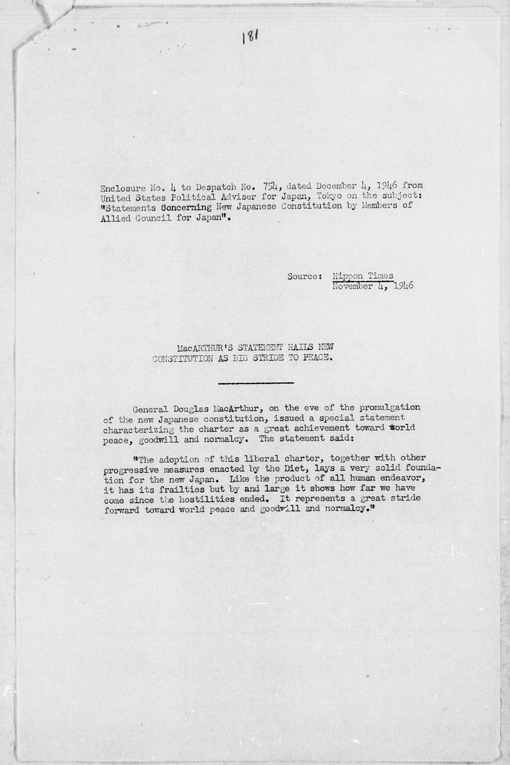 [Subject: Statements Concerning New Japanese Constitution by Members of Allied Council for Japan](Larger image)