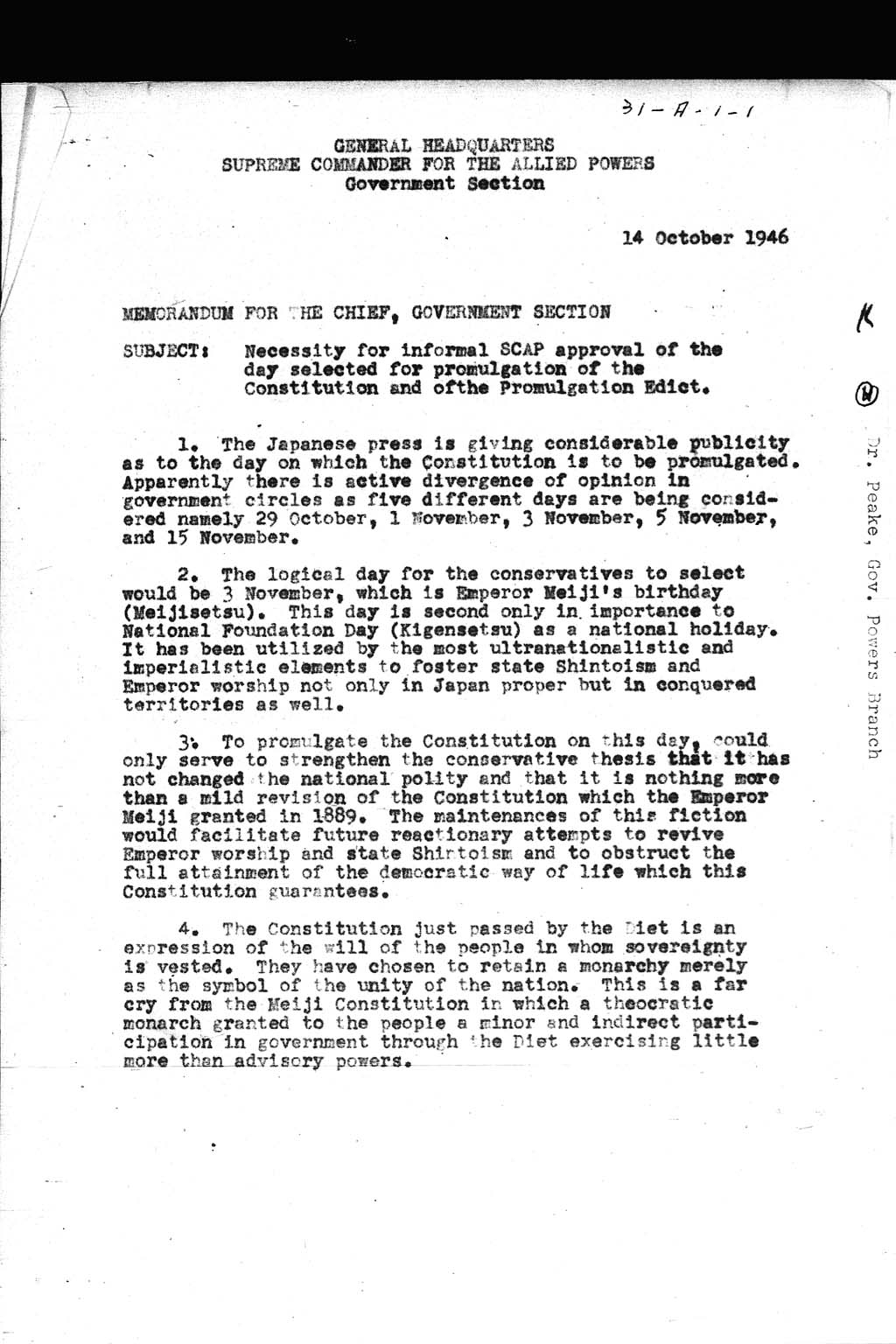 『Memorandum for the Chief, Government Section, Subject: Necessity for informal SCAP approval of the day selected for promulgation of the Constitution and of the Promulgation Edict』(拡大画像)