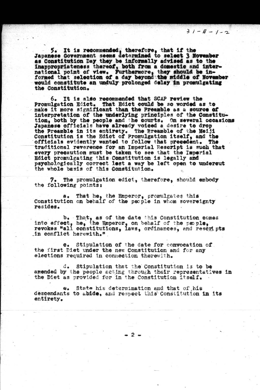 『Memorandum for the Chief, Government Section, Subject: Necessity for informal SCAP approval of the day selected for promulgation of the Constitution and of the Promulgation Edict』(拡大画像)