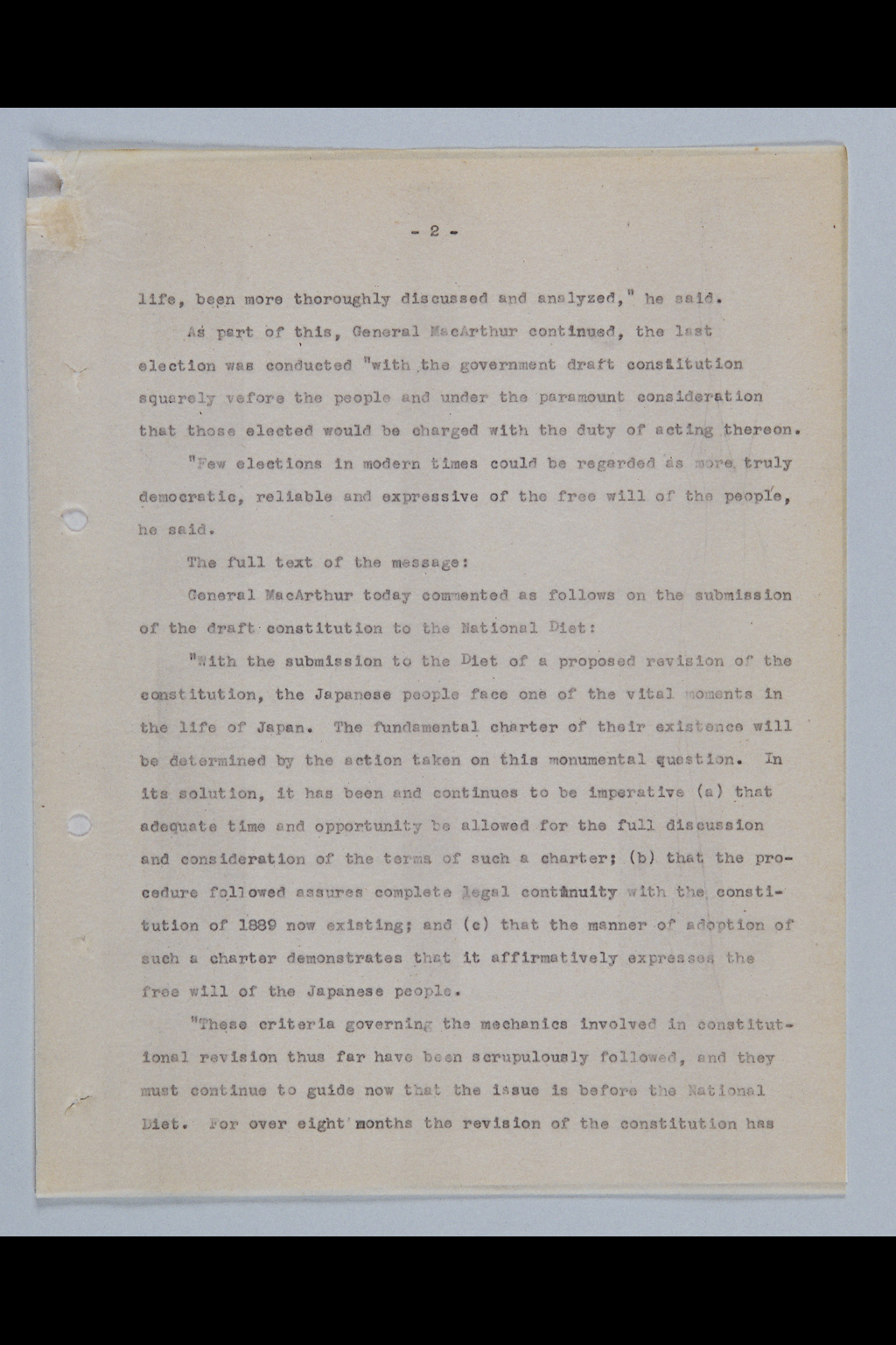 [Press Release: General MacArthur Issues Statement on Submission of Draft Constitution to Japanese Diet](Larger image)