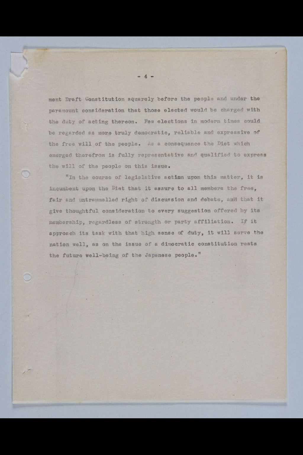 [Press Release: General MacArthur Issues Statement on Submission of Draft Constitution to Japanese Diet](Larger image)