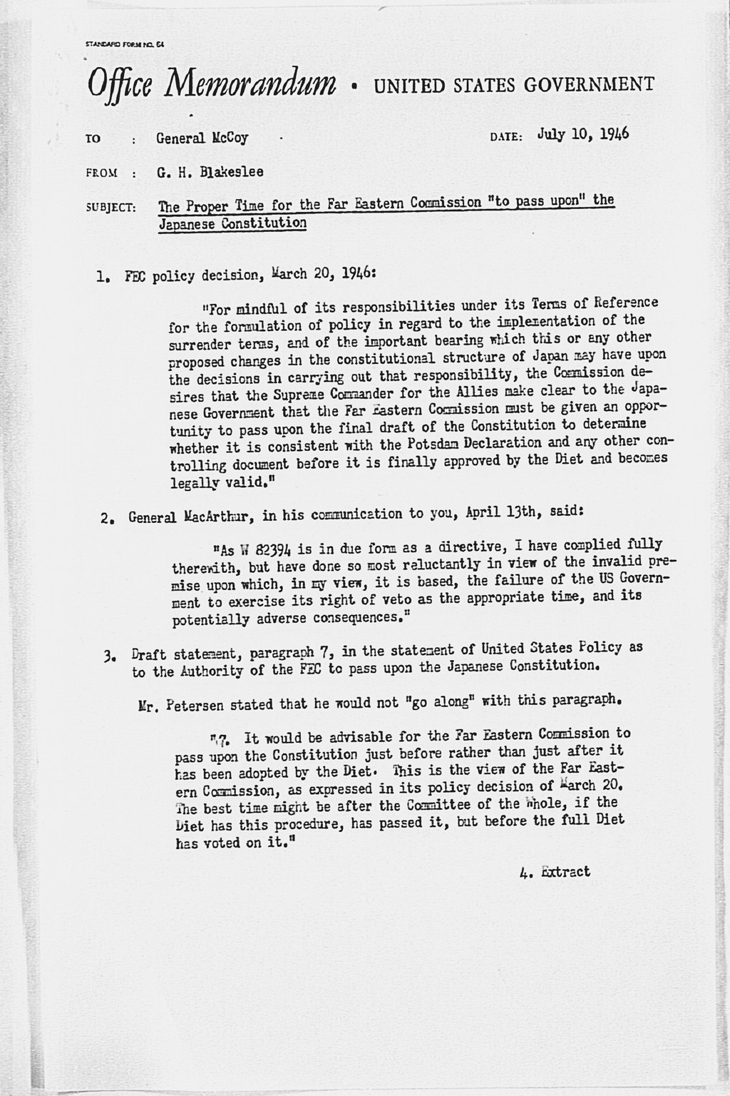 [From: GHQ SCAP Tokyo sgd MacArthur, To: War Department for WDSCA, nr Z 07139, dated 8 July 1946 re Public Release of the FEC's Basic Principles for a New Japanese Constitution](Larger image)