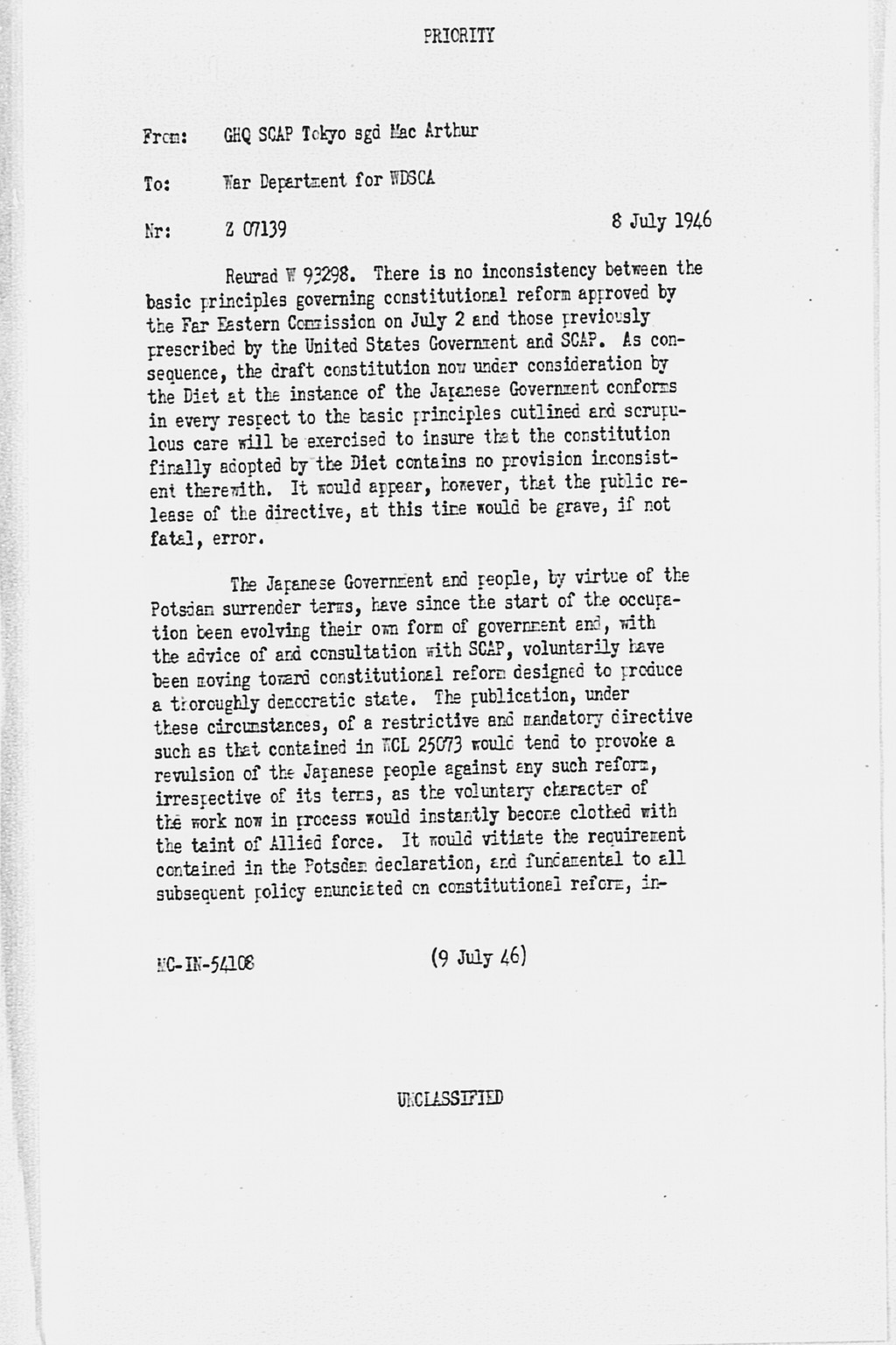 [From: GHQ SCAP Tokyo sgd MacArthur, To: War Department for WDSCA, nr Z 07139, dated 8 July 1946 re Public Release of the FEC's Basic Principles for a New Japanese Constitution](Larger image)