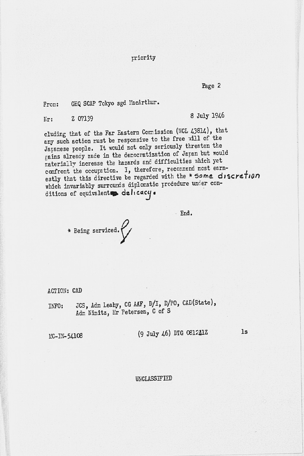 [From: GHQ SCAP Tokyo sgd MacArthur, To: War Department for WDSCA, nr Z 07139, dated 8 July 1946 re Public Release of the FEC's Basic Principles for a New Japanese Constitution](Larger image)