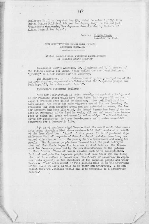 [Subject: Statements Concerning New Japanese Constitution by Members of Allied Council for Japan](Regular image)