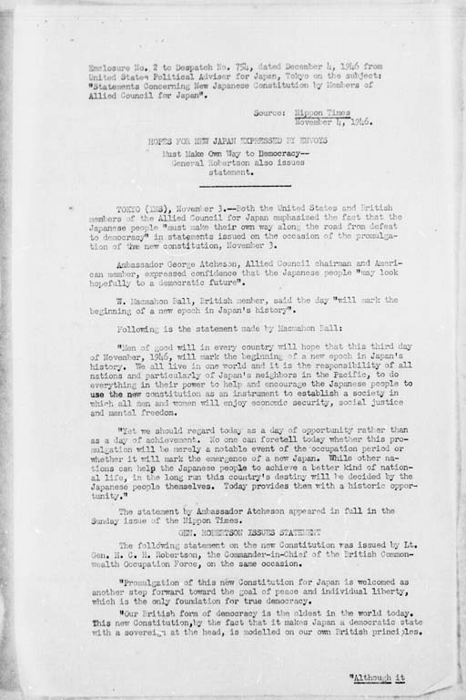 [Subject: Statements Concerning New Japanese Constitution by Members of Allied Council for Japan](Regular image)