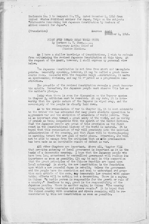 [Subject: Statements Concerning New Japanese Constitution by Members of Allied Council for Japan](Regular image)